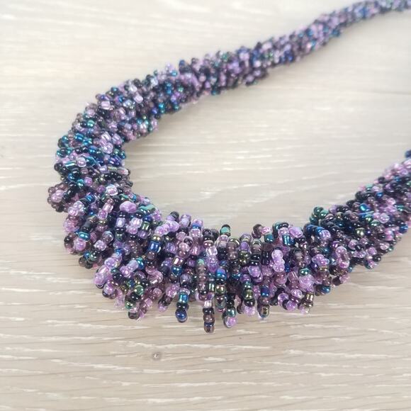 Handmade Beaded Purple Chunky Statement Necklace - Picture 4 of 6